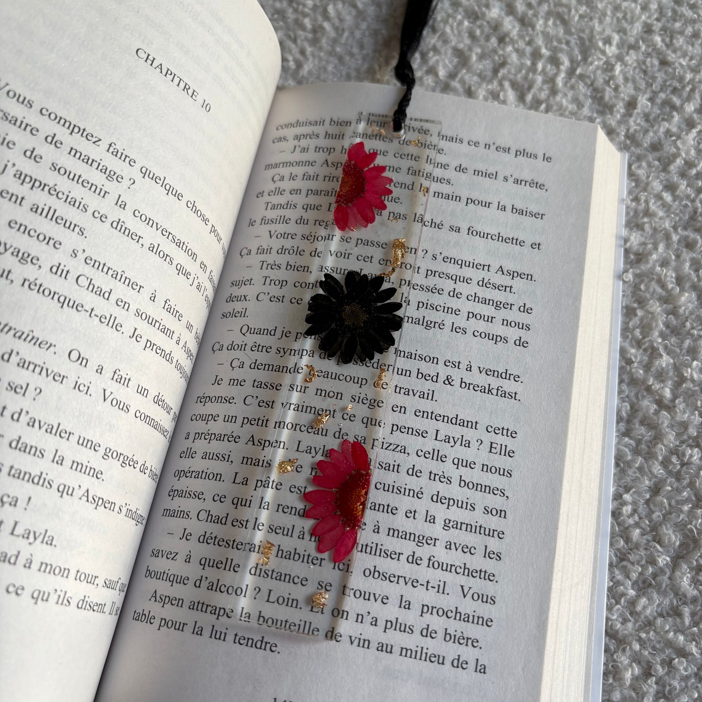 Marque page (rectangulaire - fin) - Fleurs noir et rouge