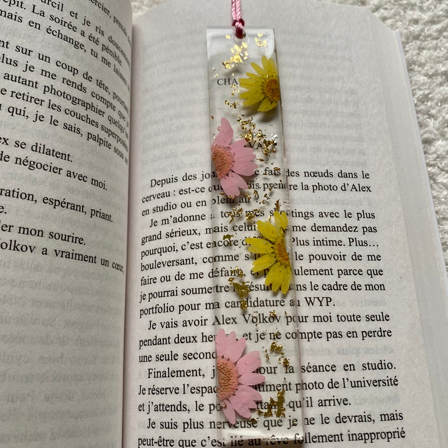 Marque page (rectangulaire - fin) - Marguerites roses et jaunes