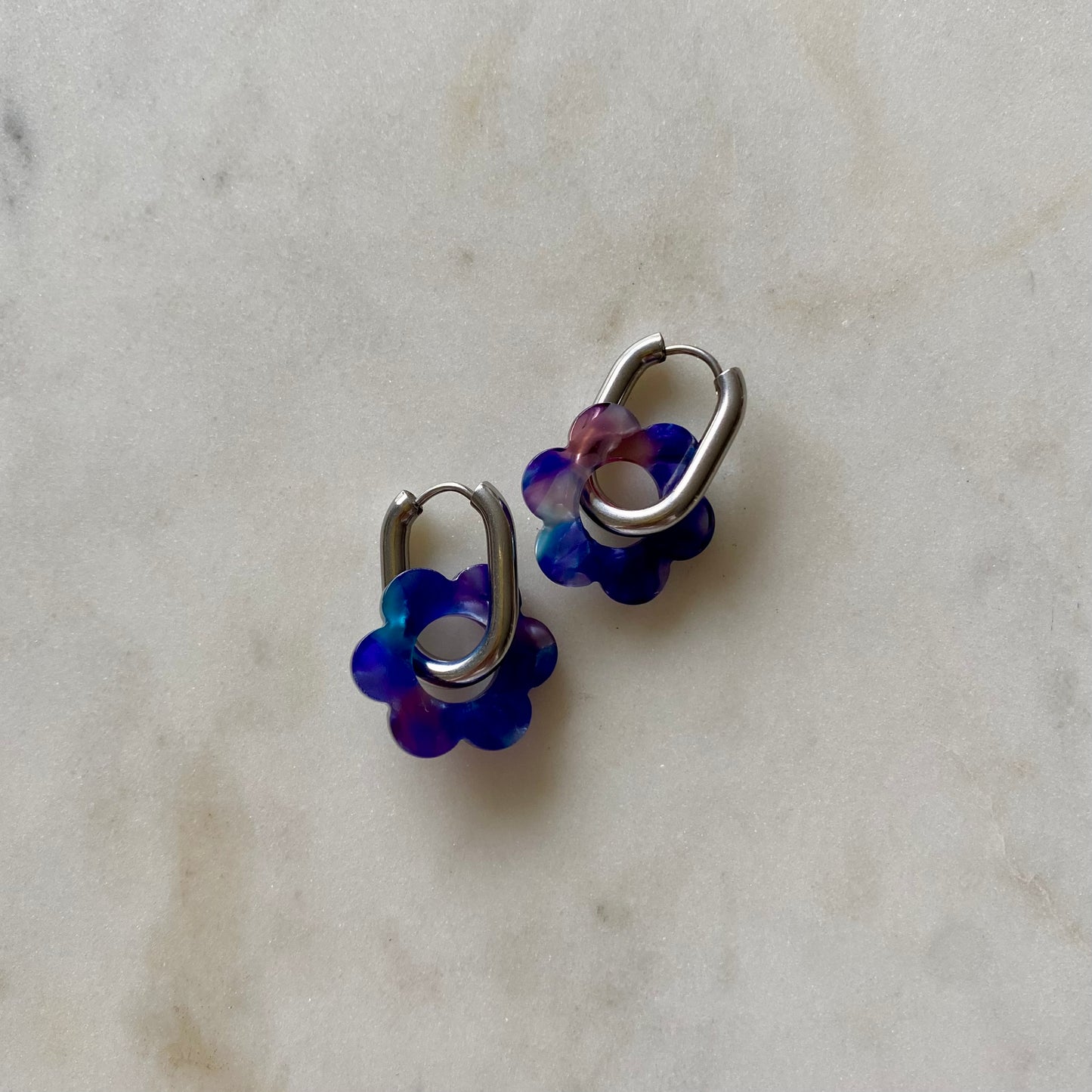 Boucles d’oreilles Pivoine - Écaille de tortue bleu et rose