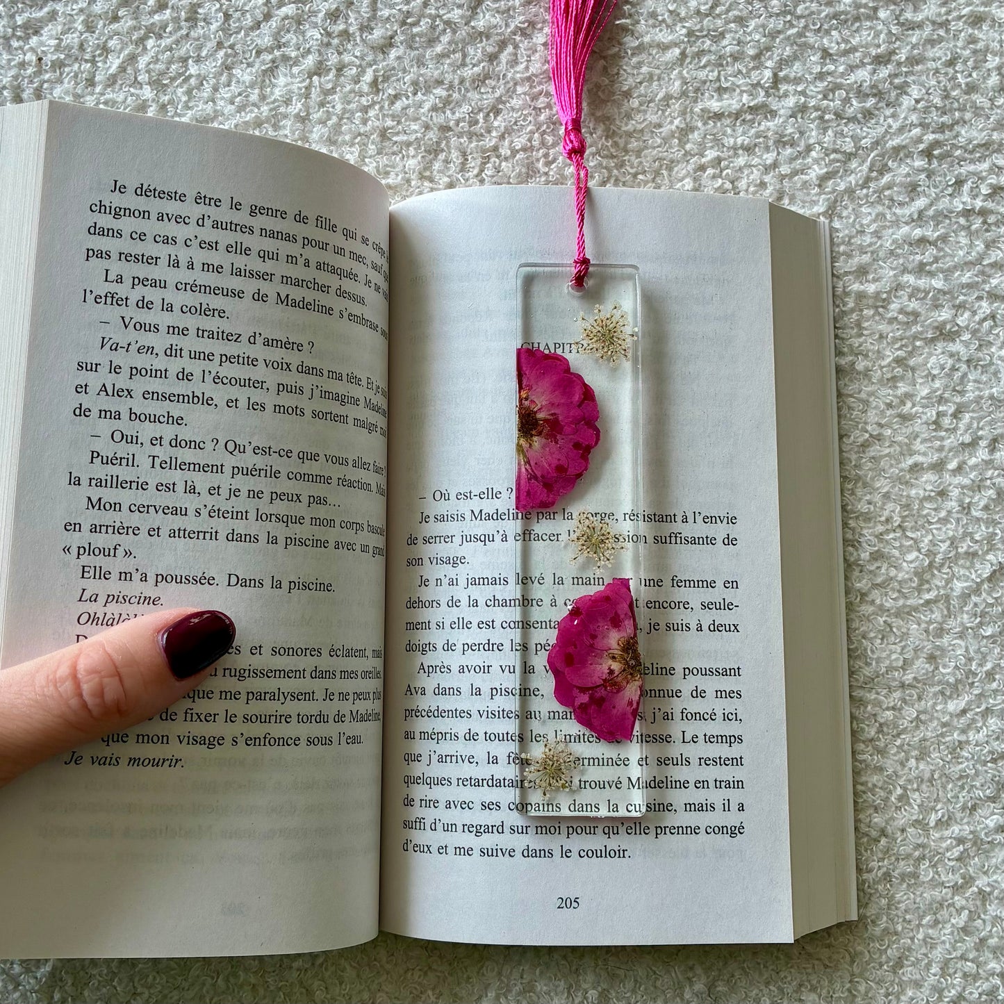 Marque page (rectangulaire - épais) - Fleurs fushia et blanc