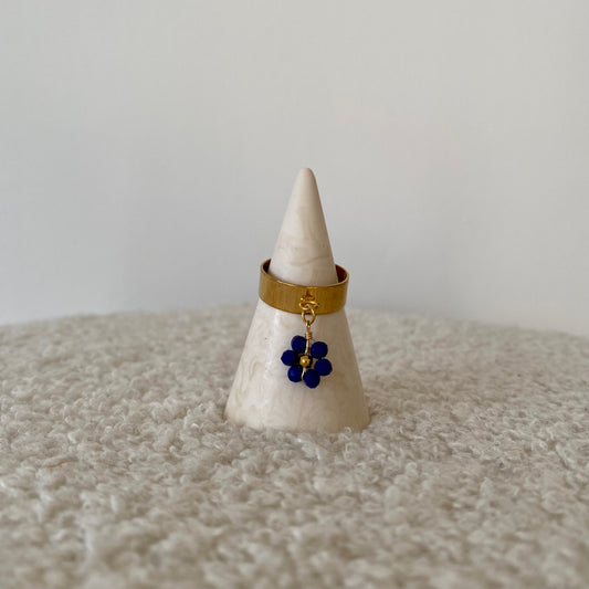 Bague fine dorée - Fleur bleue