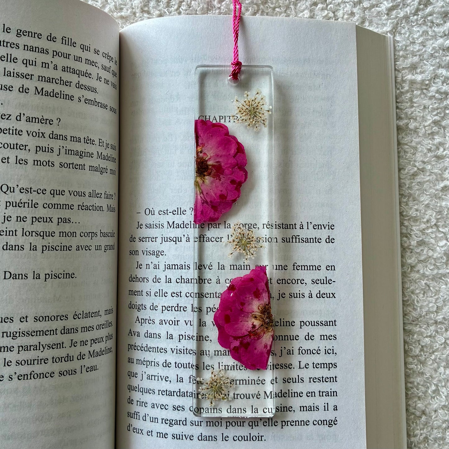 Marque page (rectangulaire - épais) - Fleurs fushia et blanc