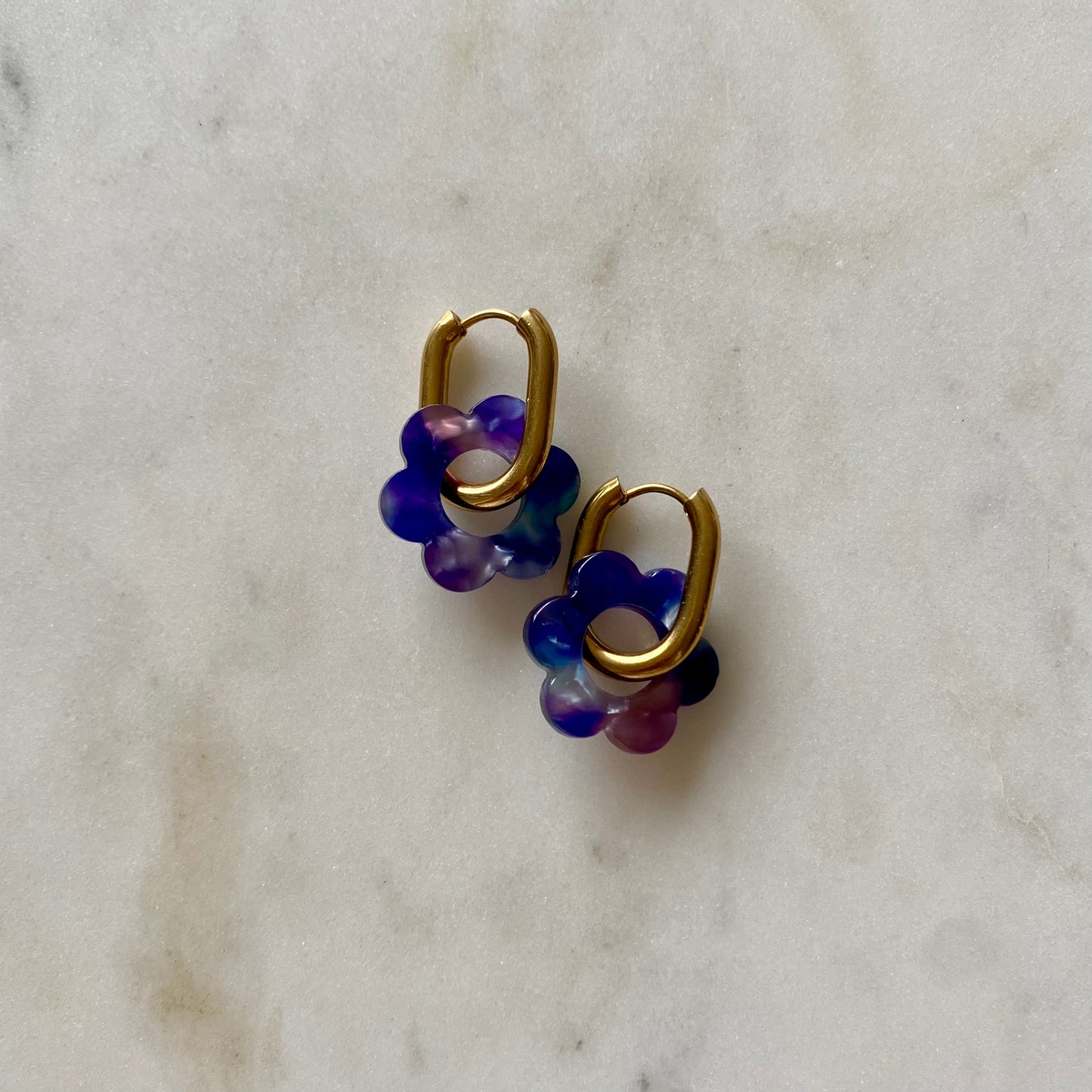 Boucles d’oreilles Pivoine - Écaille de tortue bleu et rose