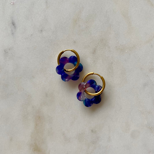 Boucles d’oreilles Pivoine - Écaille de tortue bleu et rose